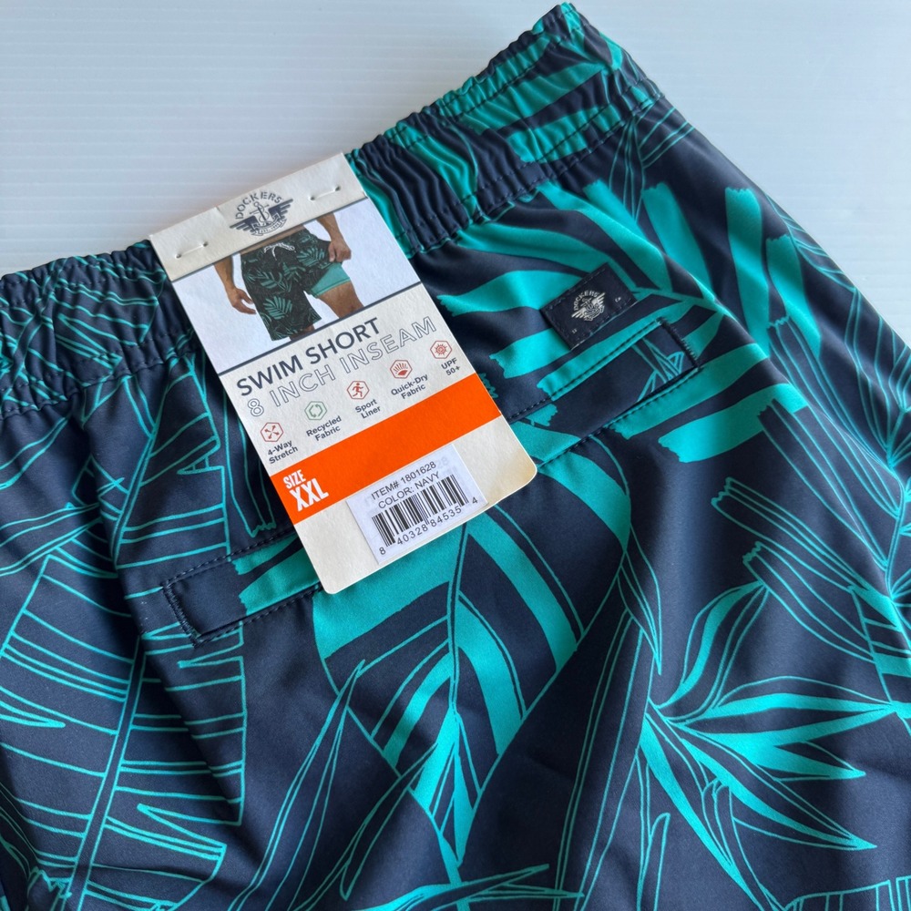 Dockers Swim Shorts Mens XXL Navy Blue Green Tropical Leaf New NWT 8" Inseam